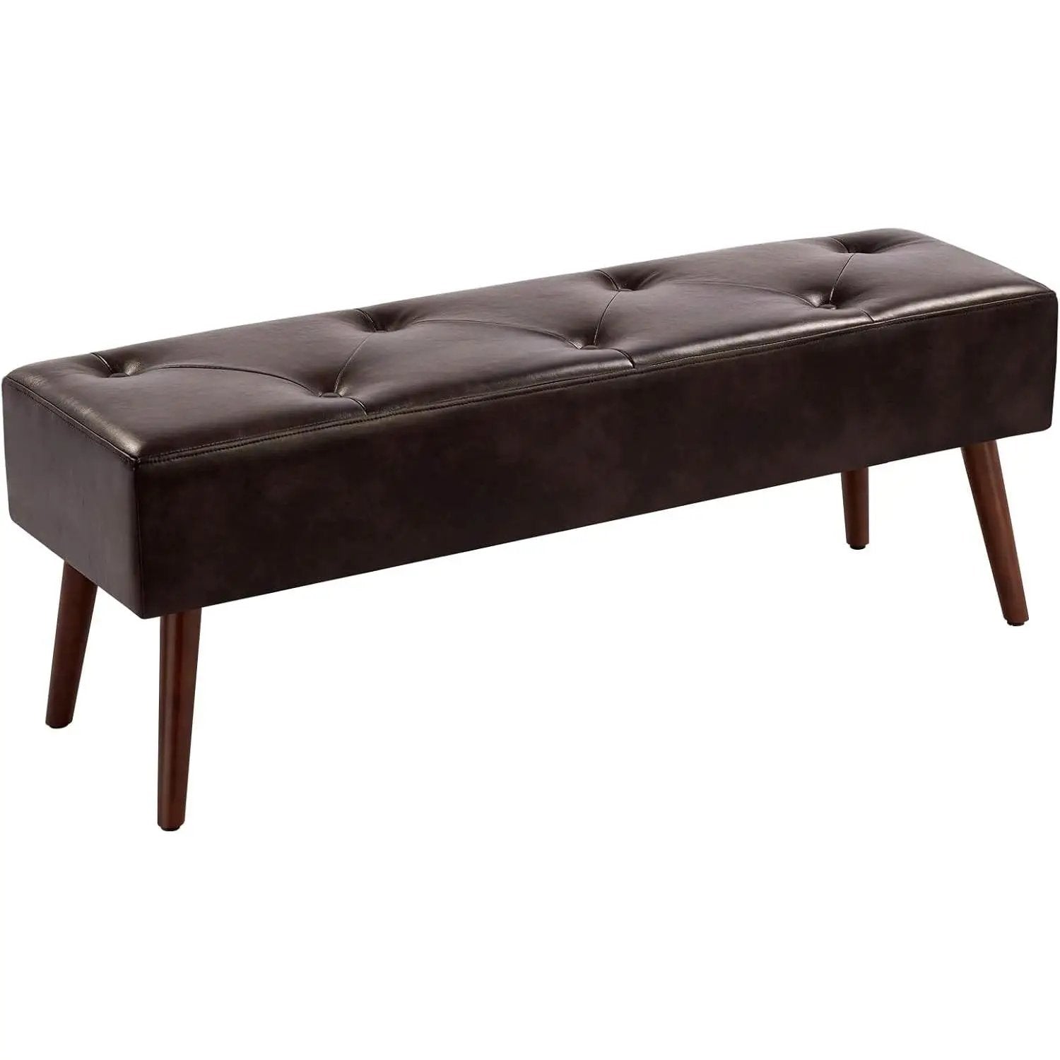 Mid-Century Bed Bench with Dark Brown Leather Upholstered Seat Solid Wood Legs by HomePacific