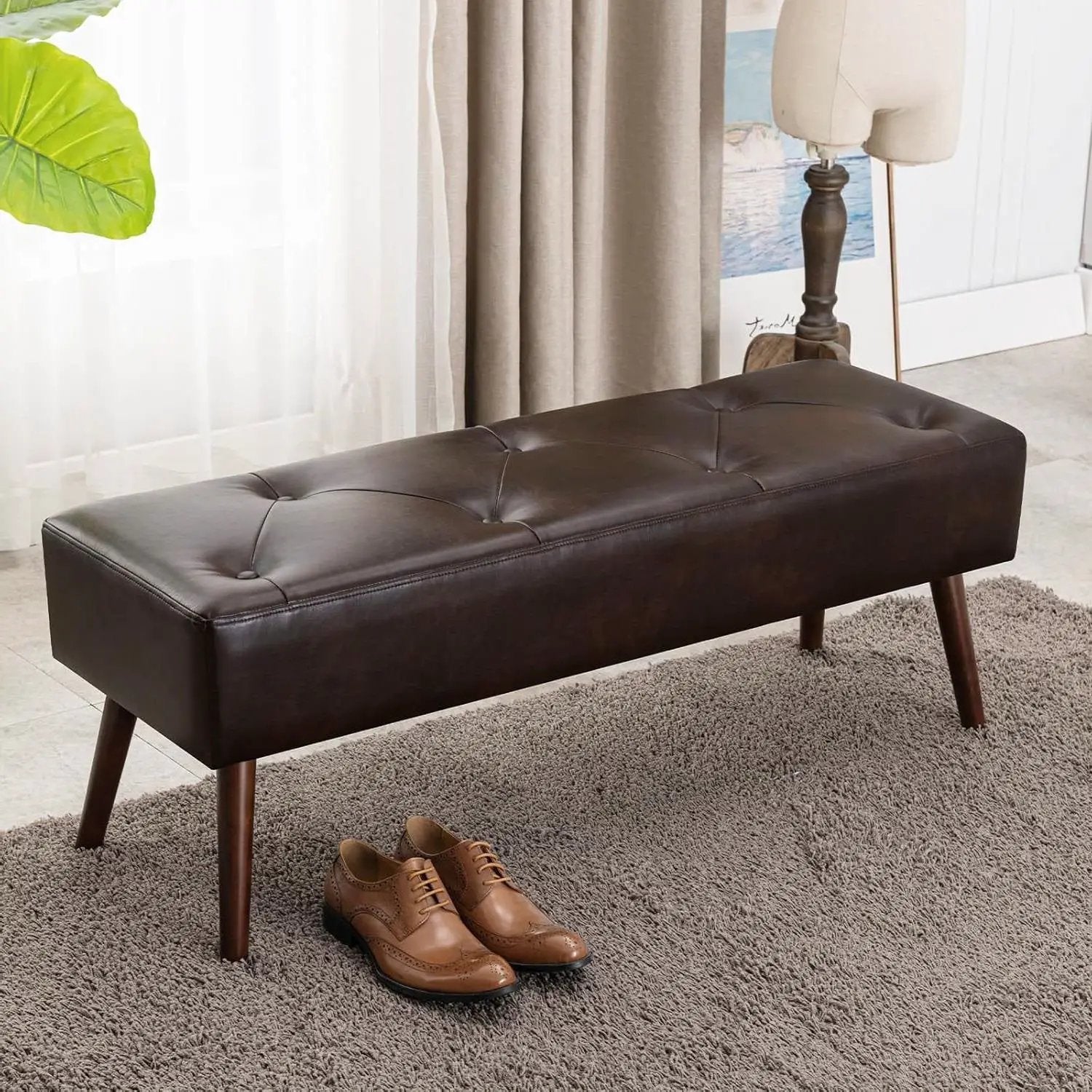 Mid-Century Bed Bench with Dark Brown Leather Upholstered Seat Solid Wood Legs by HomePacific