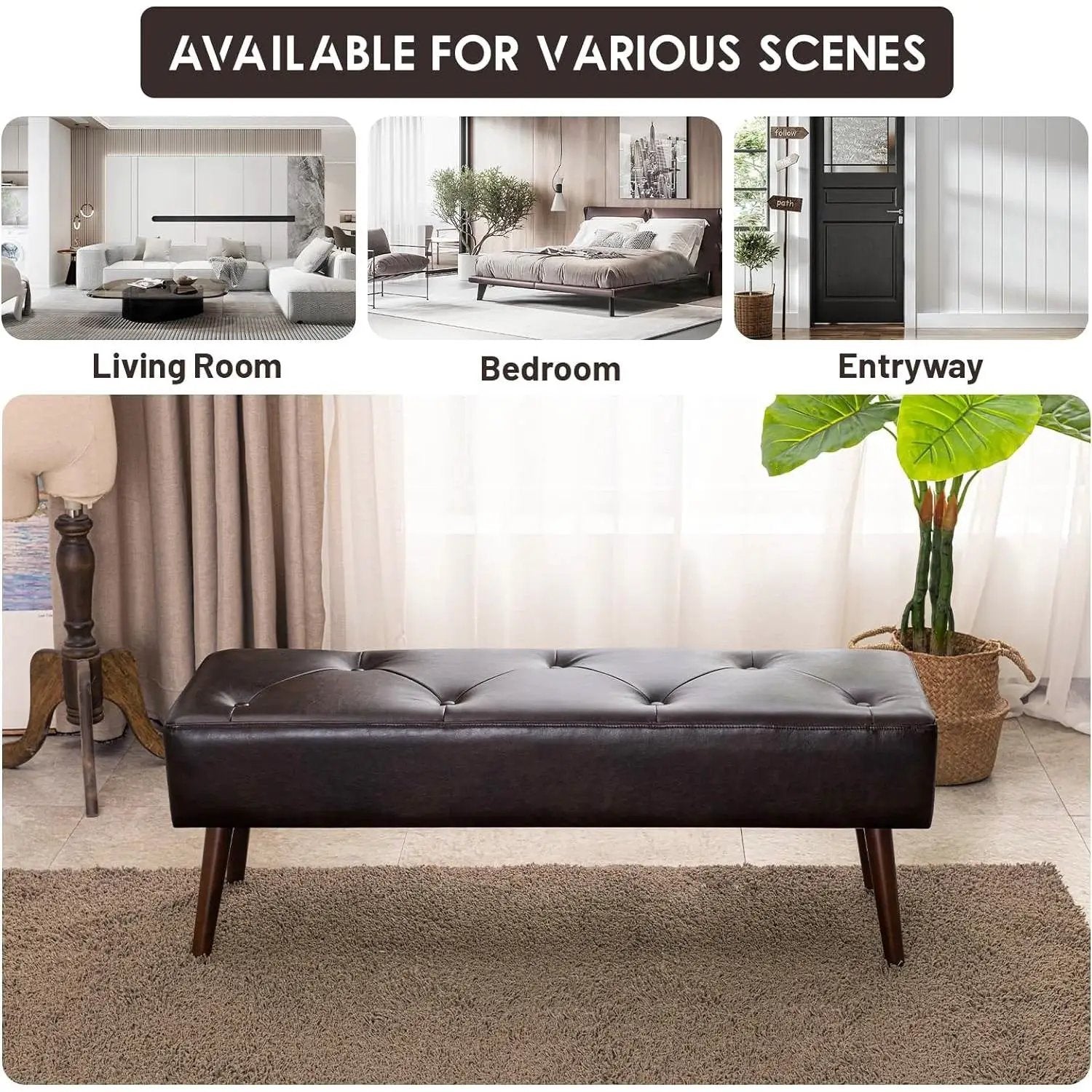 Mid-Century Bed Bench with Dark Brown Leather Upholstered Seat Solid Wood Legs by HomePacific