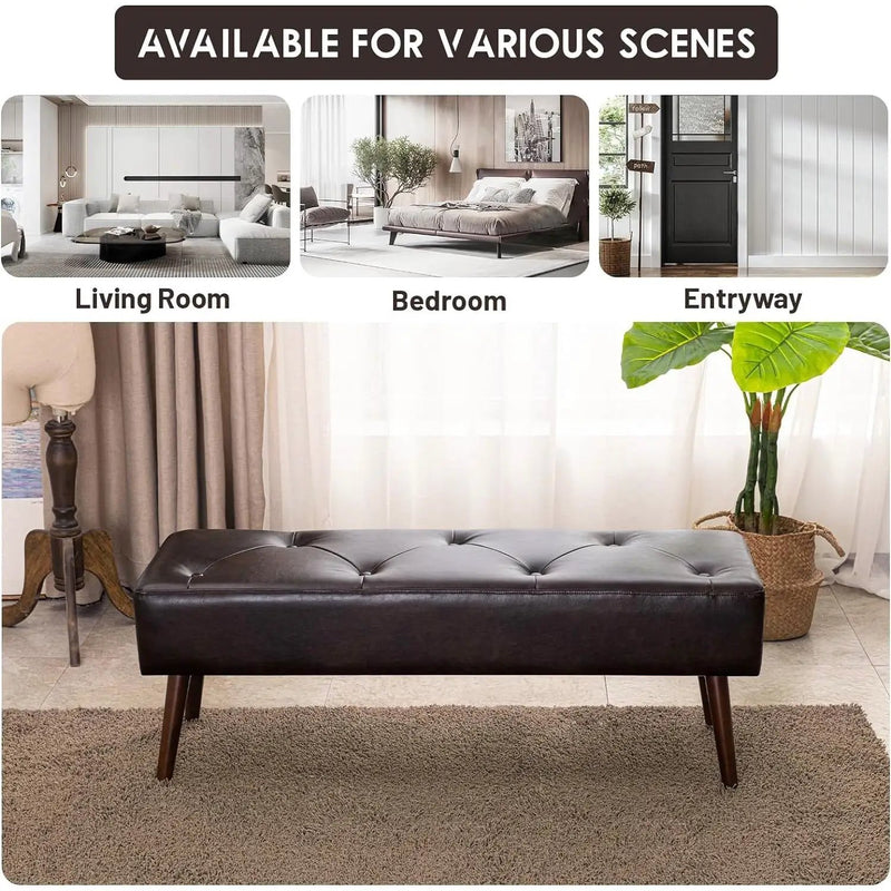 Mid-Century Bed Bench with Dark Brown Leather Upholstered Seat Solid Wood Legs by HomePacific