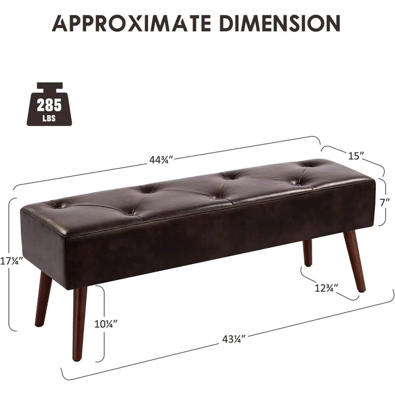 Mid-Century Bed Bench with Dark Brown Leather Upholstered Seat Solid Wood Legs by HomePacific