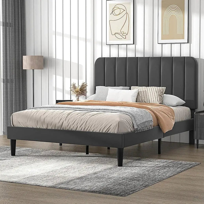 Full size Dark Grey Upholstered Platform Bed Frame with Headboard by HomePacific