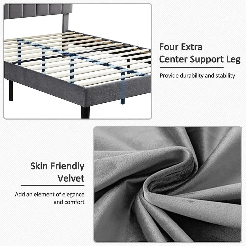 Full size Dark Grey Upholstered Platform Bed Frame with Headboard by HomePacific