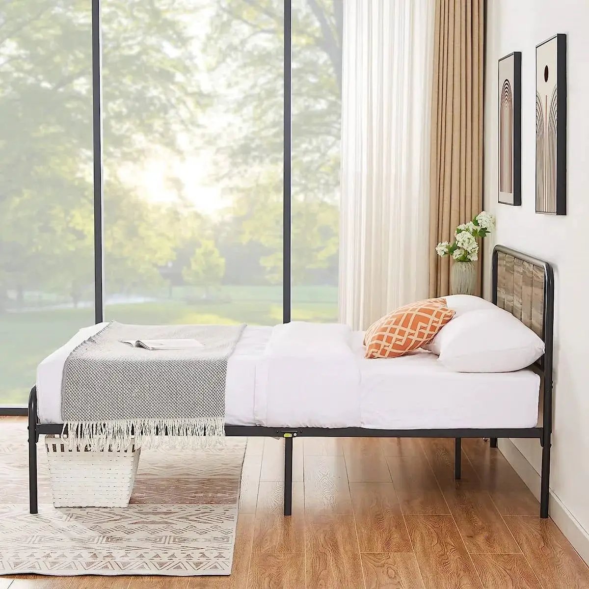 Full size Grey Wood Metal Platform Bed Frame with Rounded Headboard Footboard by HomePacific