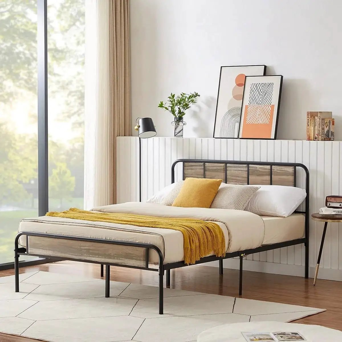 Full size Grey Wood Metal Platform Bed Frame with Rounded Headboard Footboard by HomePacific