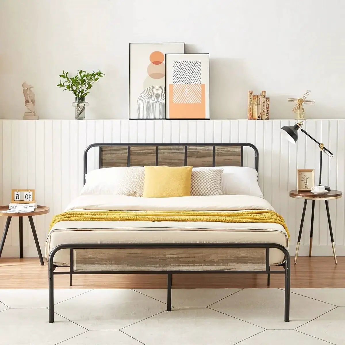 Full size Grey Wood Metal Platform Bed Frame with Rounded Headboard Footboard by HomePacific
