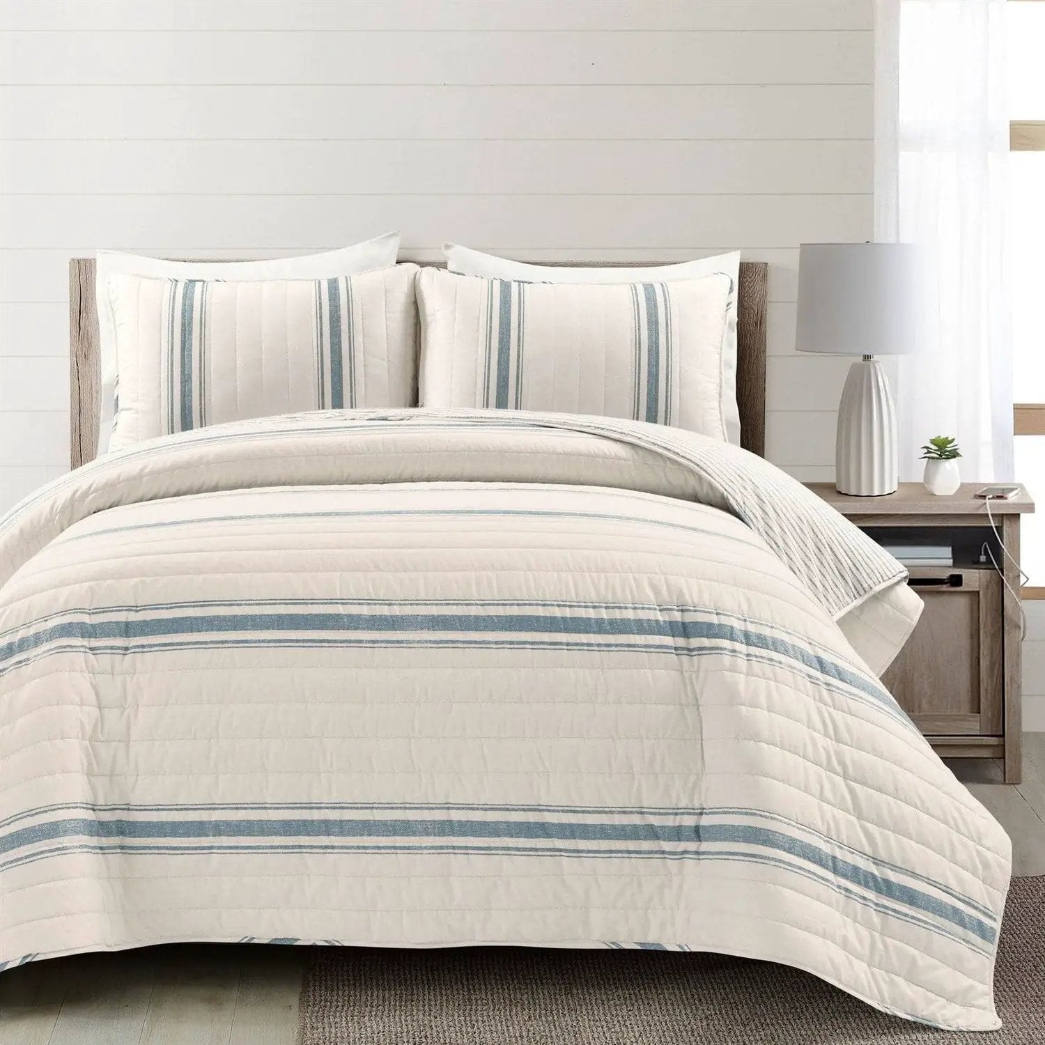 Full/Queen Blue Off-White Stripe 3 Piece Reversible Cotton Quilt Set by HomePacific