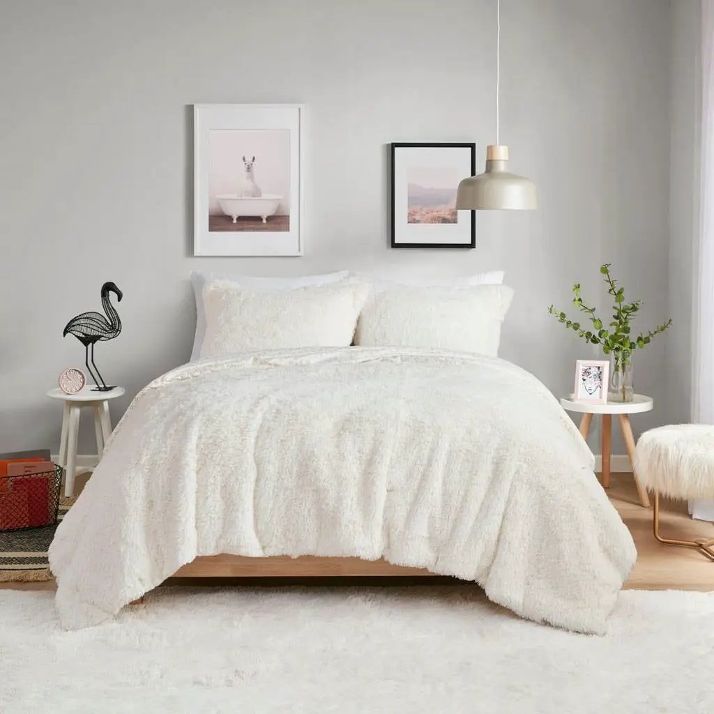 Full/Queen size Reversible Soft Sherpa Faux Fur 3-Piece Comforter Set in Ivory by HomePacific