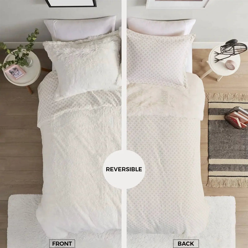 Full/Queen size Reversible Soft Sherpa Faux Fur 3-Piece Comforter Set in Ivory by HomePacific