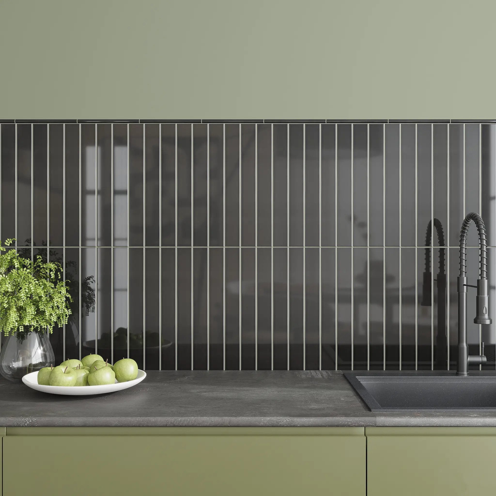 Jet Black 0.5x8 Glossy Ceramic Pencil Tile Trim (10 pack, 0.27 sq ft/case) by Apollo Tile