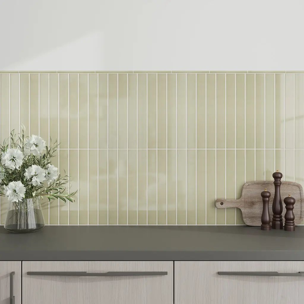 Soft Olive 0.5x8 Glossy Ceramic Pencil Tile Trim (10 pack, 0.27 sq ft/case) by Apollo Tile
