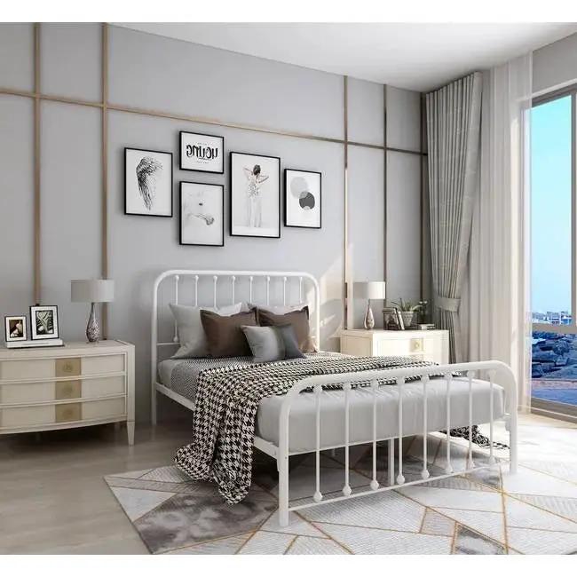 Full size Classic White Metal Bed Frame with Slatted Headboard and Footboard by HomePacific
