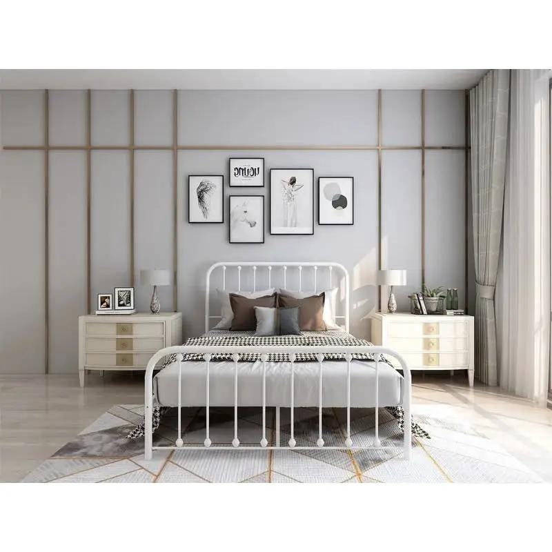 Full size Classic White Metal Bed Frame with Slatted Headboard and Footboard by HomePacific