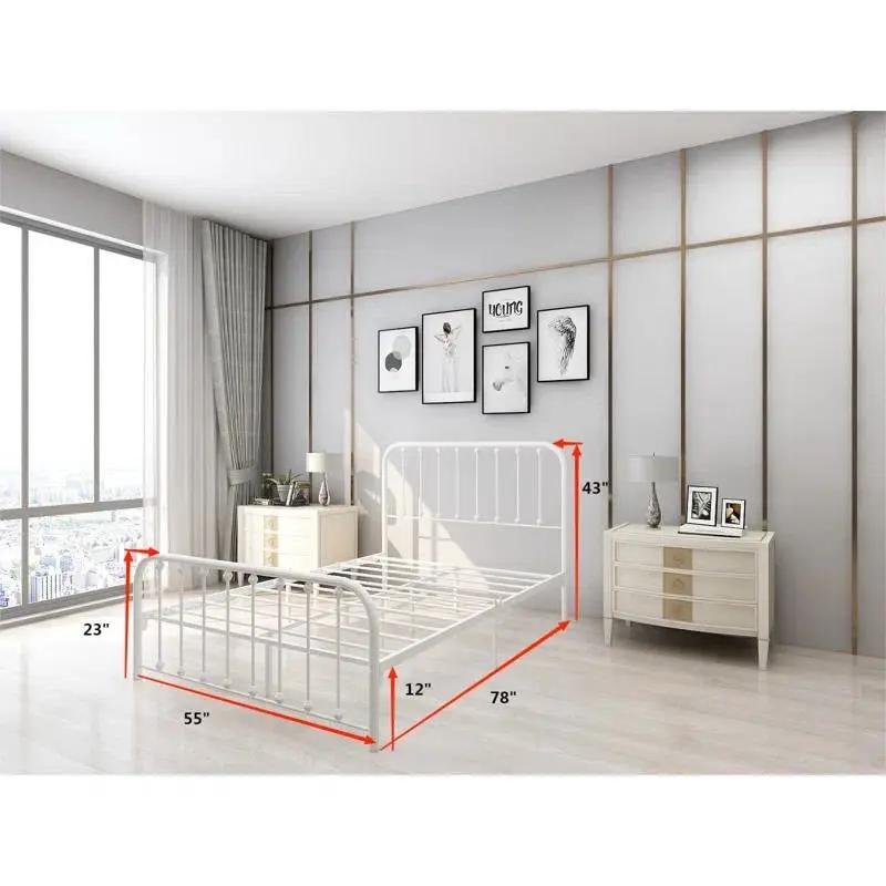 Full size Classic White Metal Bed Frame with Slatted Headboard and Footboard by HomePacific