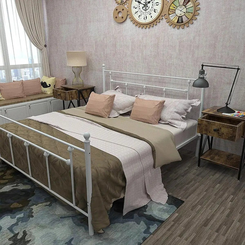 Full Vintage Style White Metal Platform Bed Frame with Headboard Footboard by HomePacific