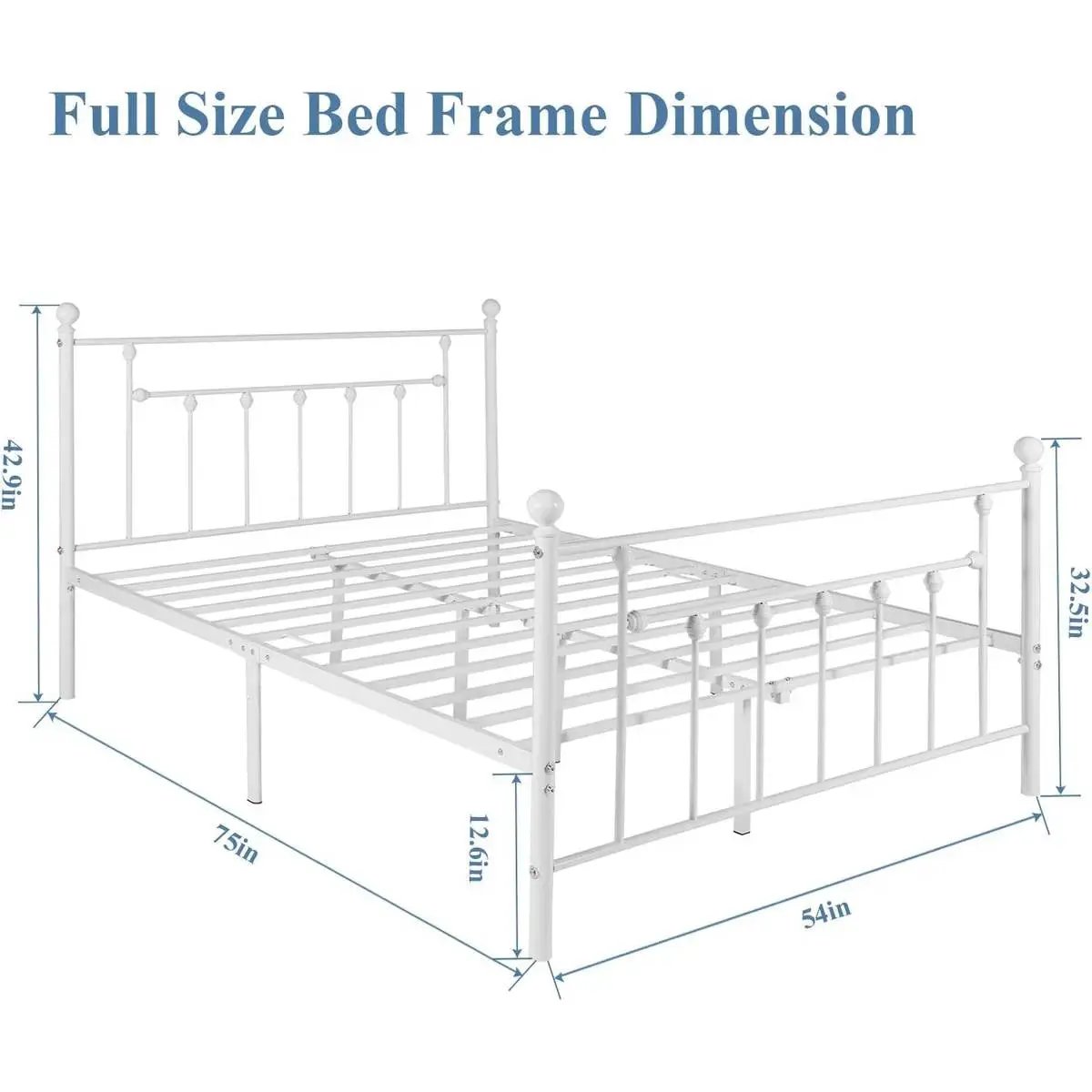 Full Vintage Style White Metal Platform Bed Frame with Headboard Footboard by HomePacific