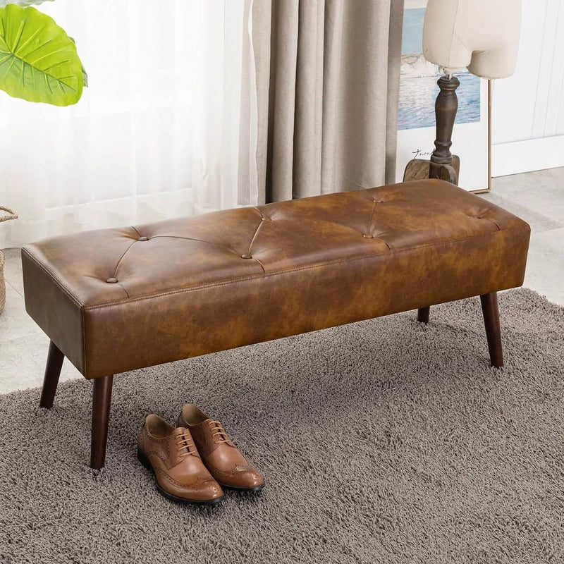 Mid-Century End of Bed Bench with Brown Leather Upholstered Seat Solid Wood Legs by HomePacific