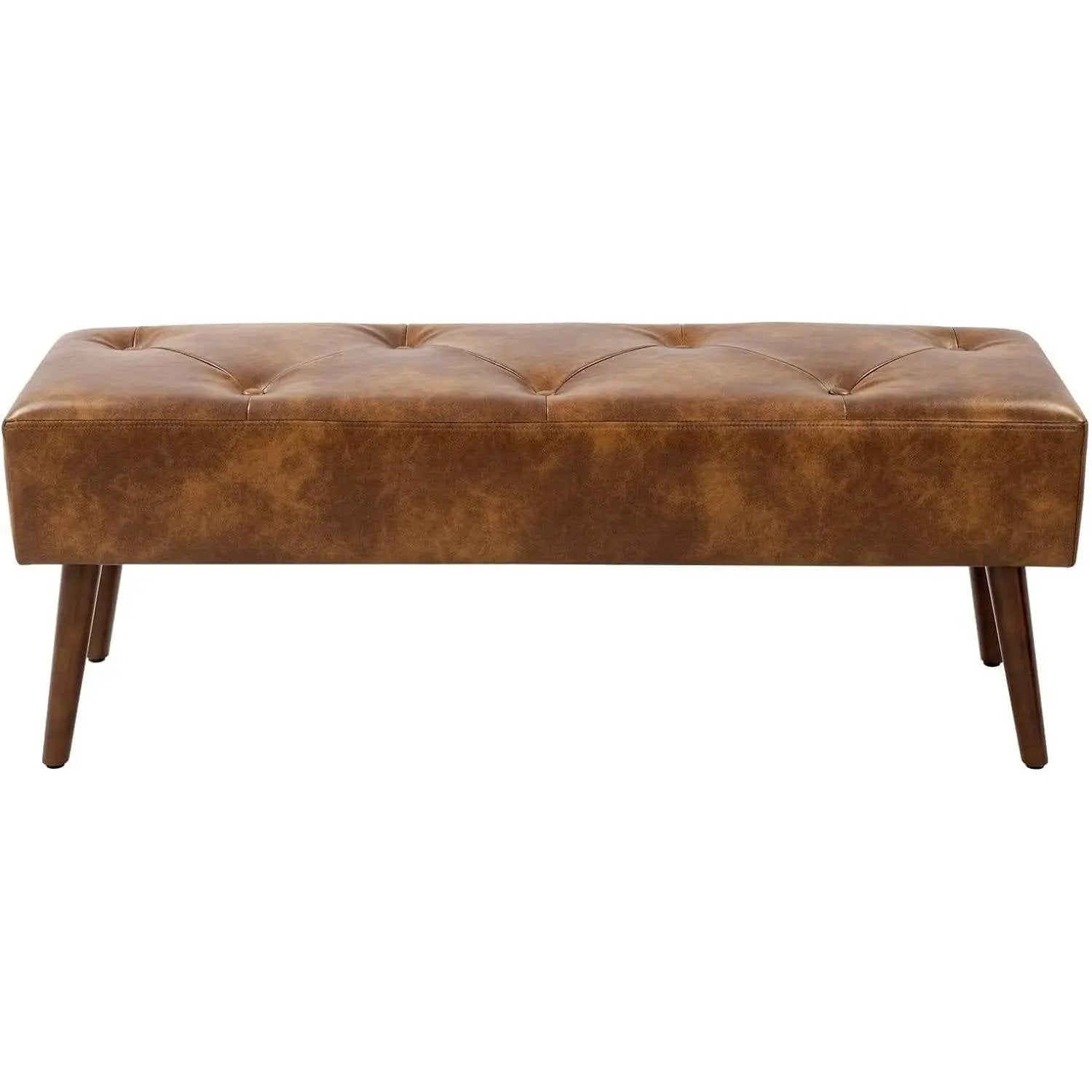 Mid-Century End of Bed Bench with Brown Leather Upholstered Seat Solid Wood Legs by HomePacific