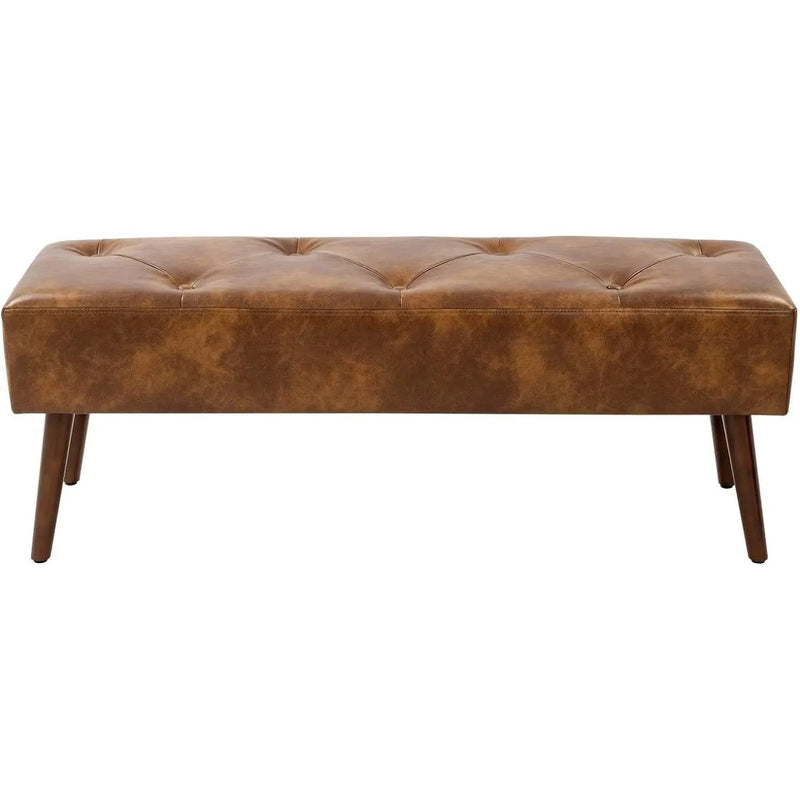 Mid-Century End of Bed Bench with Brown Leather Upholstered Seat Solid Wood Legs by HomePacific