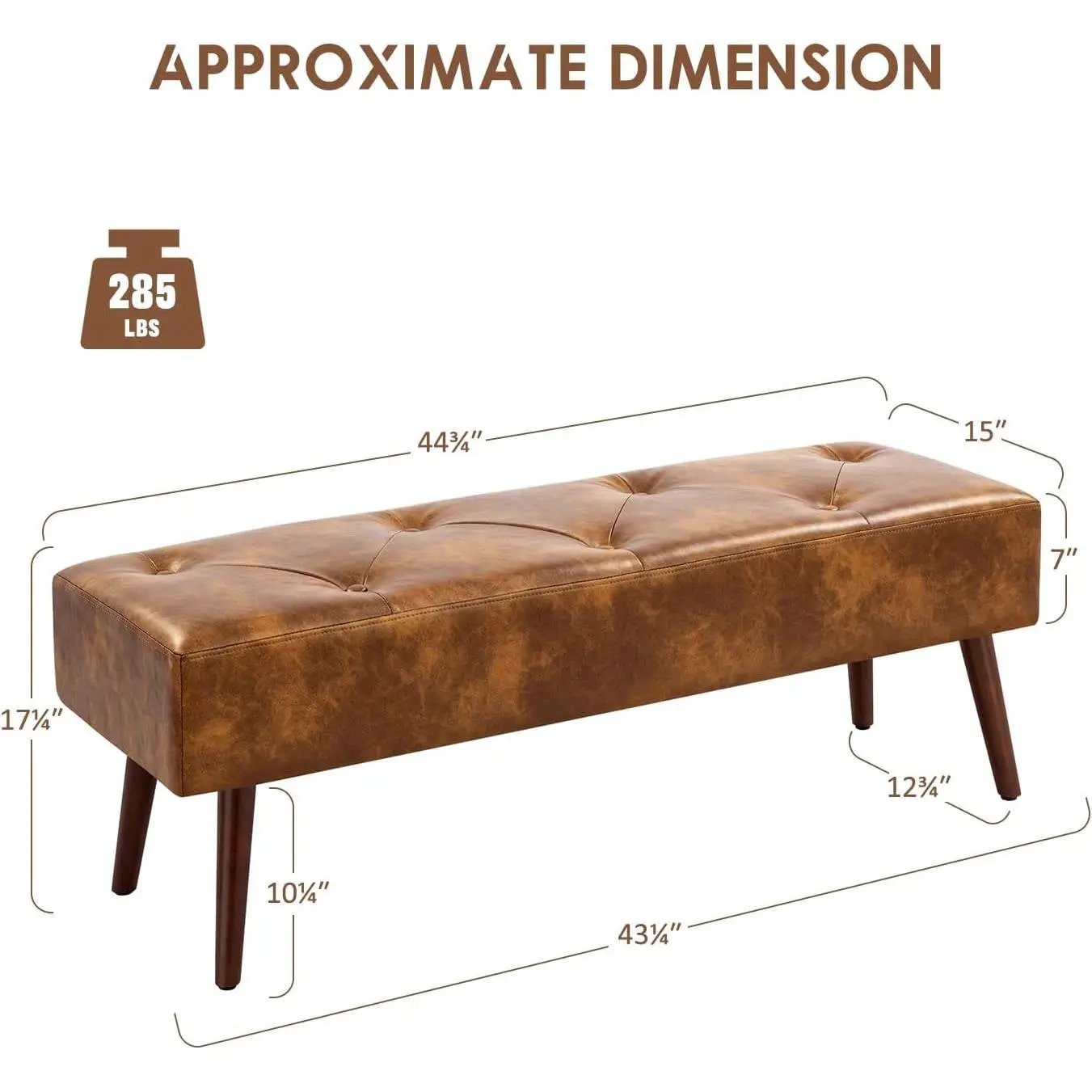 Mid-Century End of Bed Bench with Brown Leather Upholstered Seat Solid Wood Legs by HomePacific