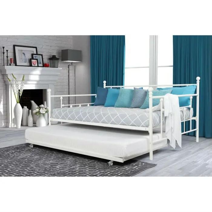 Full size White Metal Daybed with Twin Roll-out Trundle Bed by HomePacific