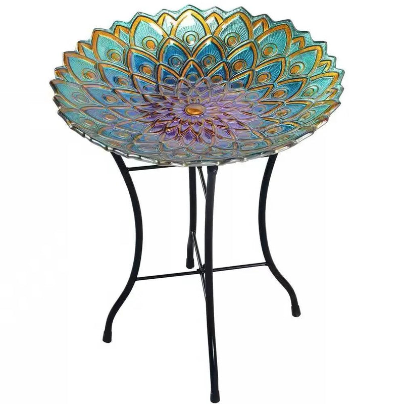 Round 18-inch Peacock Style Glass Mosaic Flower Birdbath with Metal Stand by HomePacific