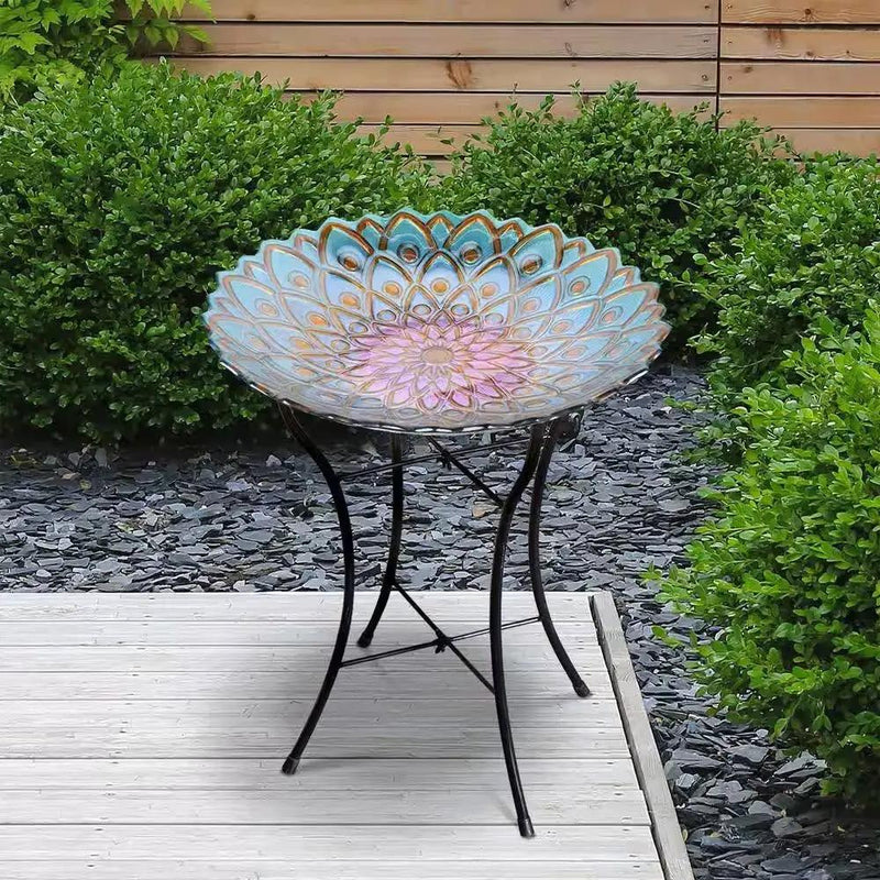 Round 18-inch Peacock Style Glass Mosaic Flower Birdbath with Metal Stand by HomePacific