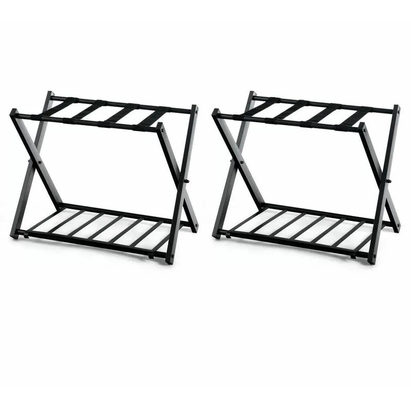 Set of 2 - Folding Black Metal Luggage Rack with Bottom Storage Shelf by HomePacific