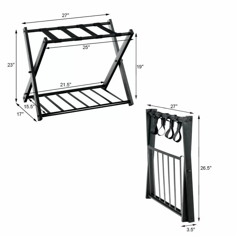 Set of 2 - Folding Black Metal Luggage Rack with Bottom Storage Shelf by HomePacific