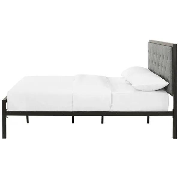 Full Metal Platform Bed with Grey Upholstered Button Tufted Fabric Headboard by HomePacific