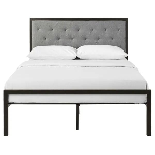 Full Metal Platform Bed with Grey Upholstered Button Tufted Fabric Headboard by HomePacific