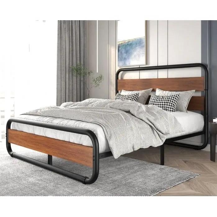 Full Heavy Duty Industrial Modern Metal Wood Platform Bed Frame with Headboard by HomePacific
