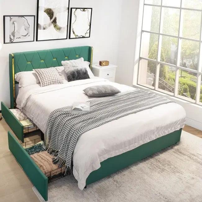 Full Size Green/Gold Linen Headboard 4 Drawer Storage Platform Bed by HomePacific