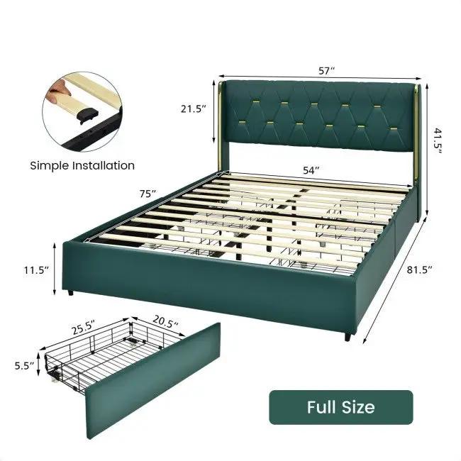 Full Size Green/Gold Linen Headboard 4 Drawer Storage Platform Bed by HomePacific