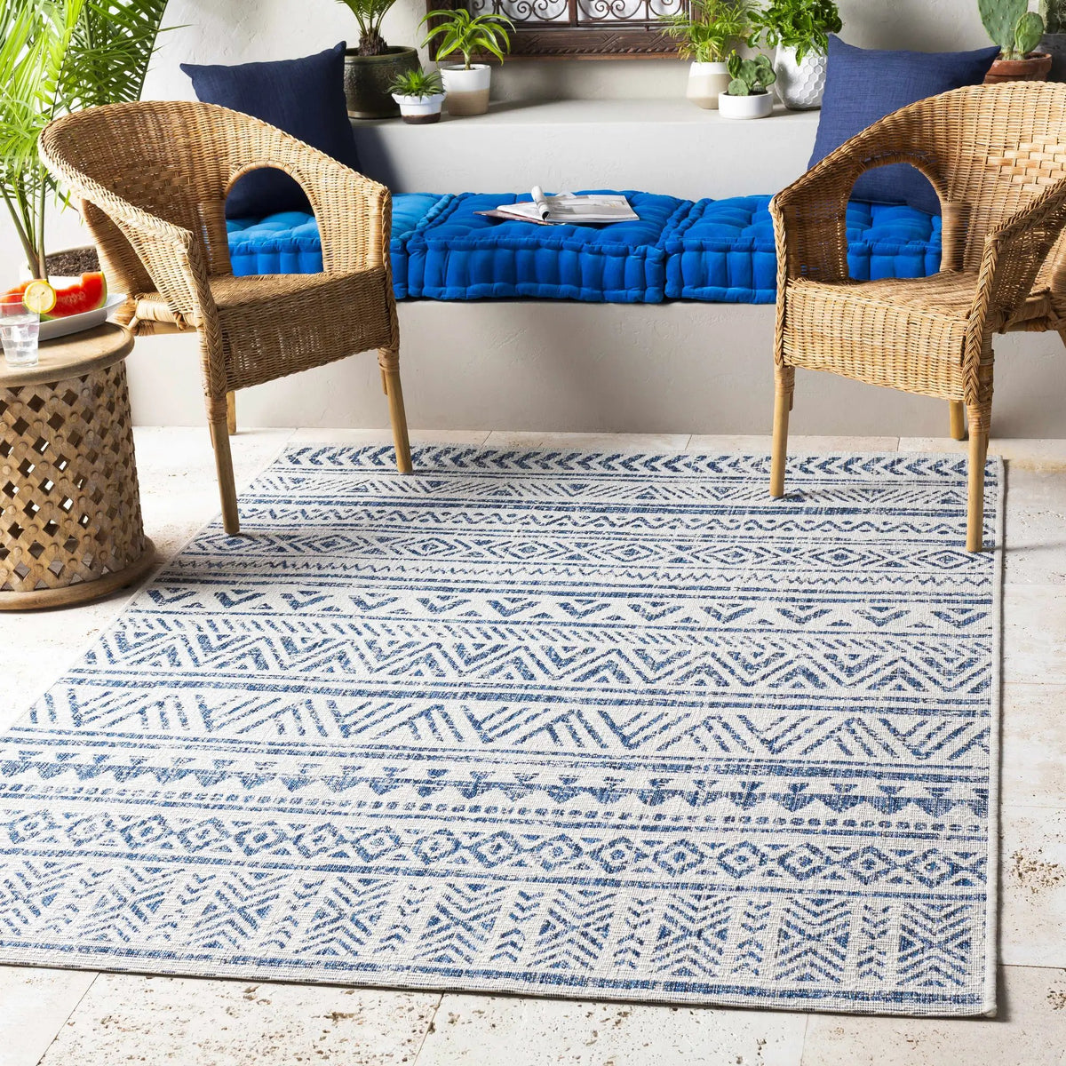 Novato Navy All Over Pattern Performance Outdoor Rug, installed in a room