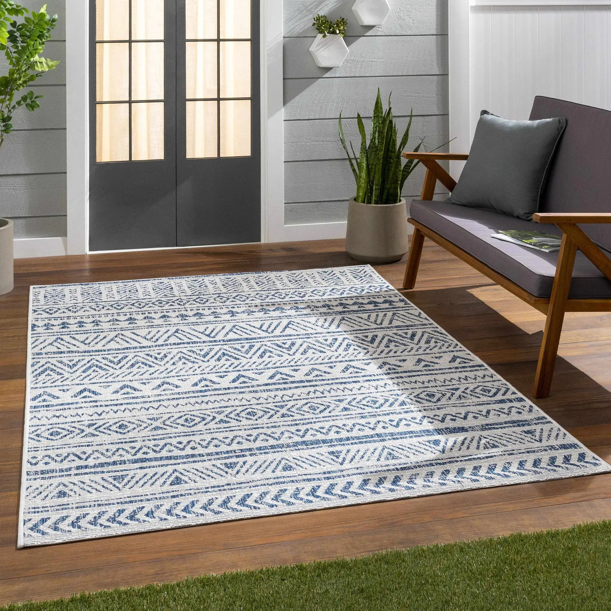 Novato Navy All Over Pattern Performance Outdoor Rug, installed in a room 2