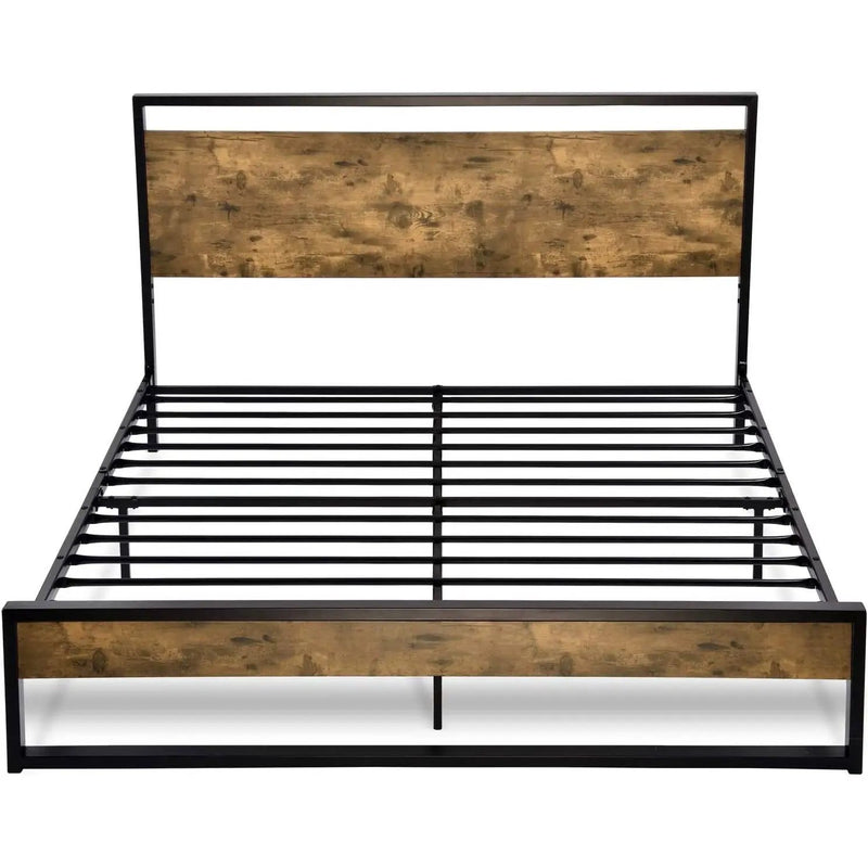 Full size Metal Wood Platform Bed Frame with Industrial Headboard by HomePacific