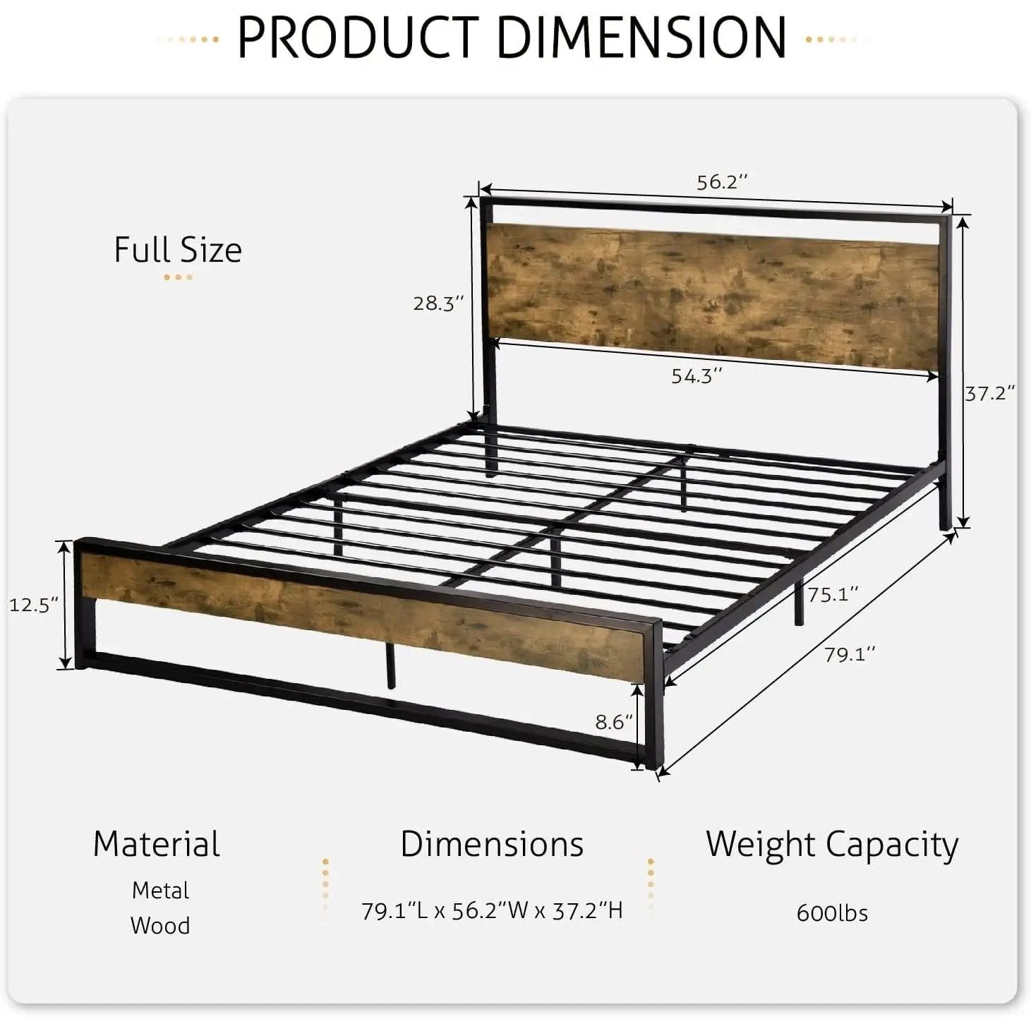 Full size Metal Wood Platform Bed Frame with Industrial Headboard by HomePacific
