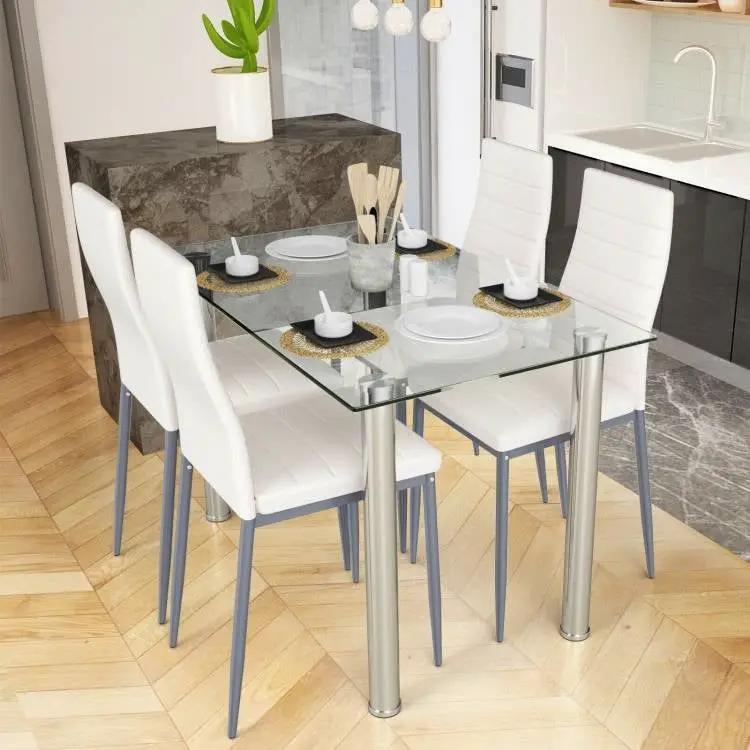 Modern 5-Piece Dining Set with Glass Top Table and 4 White PVC Leather Chairs by HomePacific