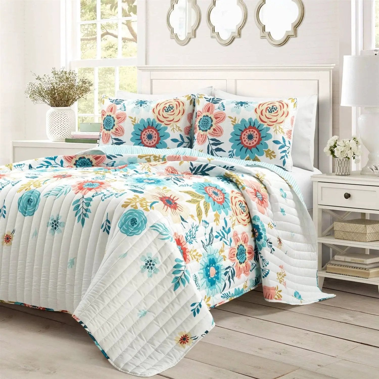 Full/Queen Lightweight Floral Teal Blue Pink White 3-Piece Polyester Quilt Set by HomePacific