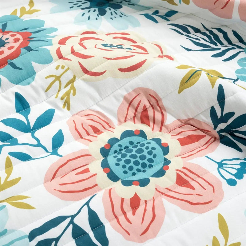 Full/Queen Lightweight Floral Teal Blue Pink White 3-Piece Polyester Quilt Set by HomePacific