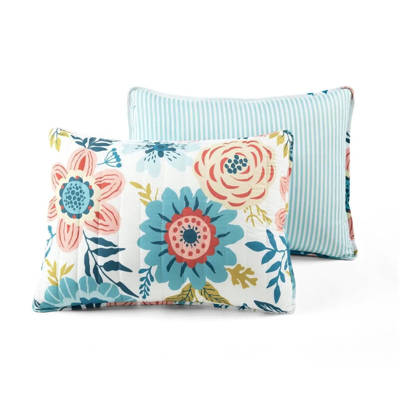 Full/Queen Lightweight Floral Teal Blue Pink White 3-Piece Polyester Quilt Set by HomePacific