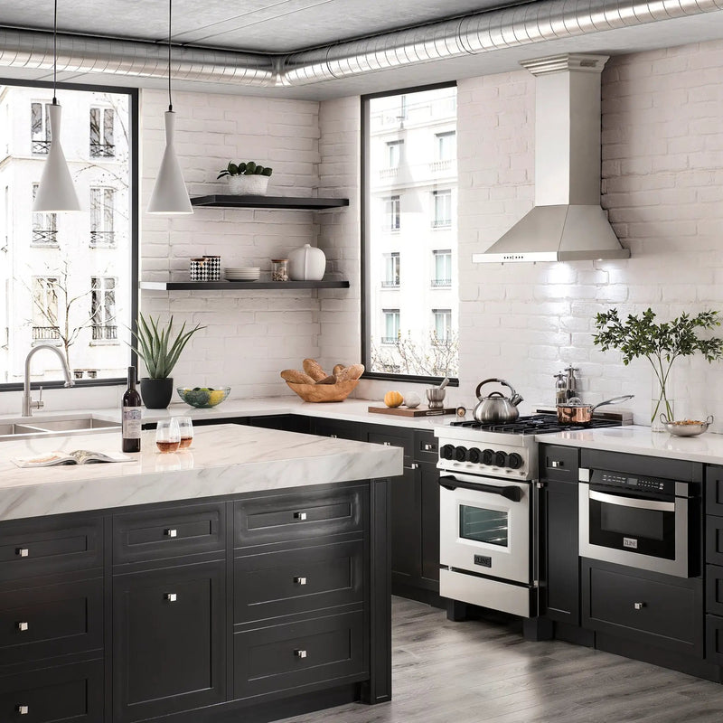 ZLINE 24" Autograph Dual Fuel Range, Stainless, Black accents, RAZ-24-MB by Farmhouse Kitchen and Bath