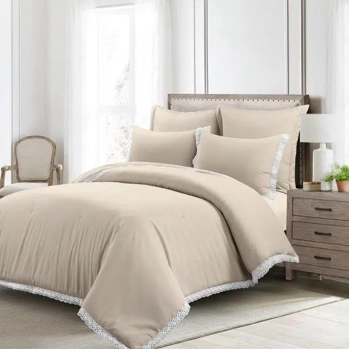 Full/Queen French Country Beige 5-Piece Lightweight Comforter Set w/ Lace Trim by HomePacific