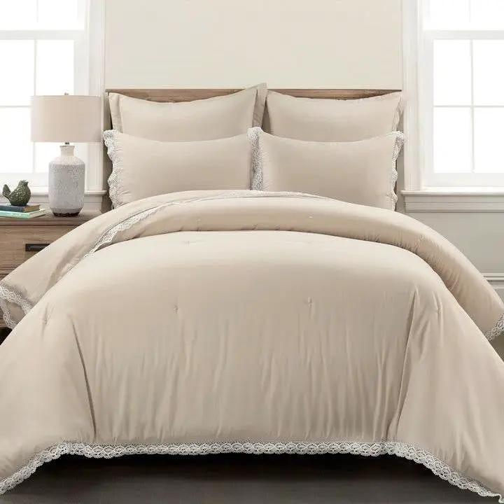 Full/Queen French Country Beige 5-Piece Lightweight Comforter Set w/ Lace Trim by HomePacific