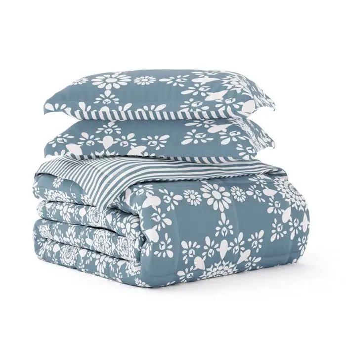 Full/Queen size 3-Piece Blue and White Reversible Floral Striped Comforter Set by HomePacific