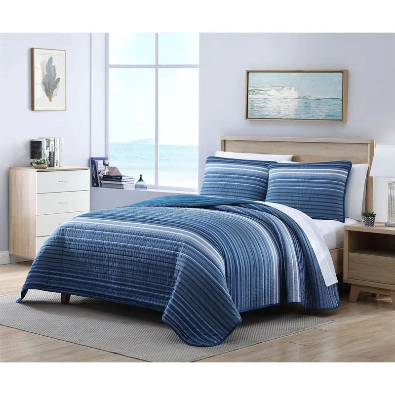 Full/Queen Size Coastal Blue Stripe Reversible Cotton Quilt Set by HomePacific