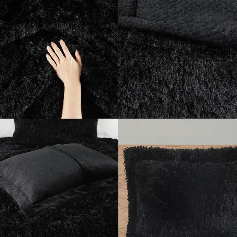 Full/Queen Black Soft Sherpa Faux Fur 3-Piece Comforter Set with Pillow Shams by HomePacific
