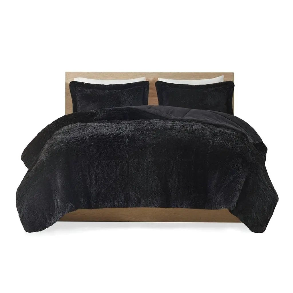 Full/Queen Black Soft Sherpa Faux Fur 3-Piece Comforter Set with Pillow Shams by HomePacific