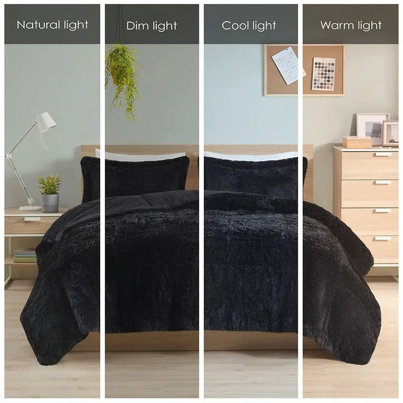 Full/Queen Black Soft Sherpa Faux Fur 3-Piece Comforter Set with Pillow Shams by HomePacific